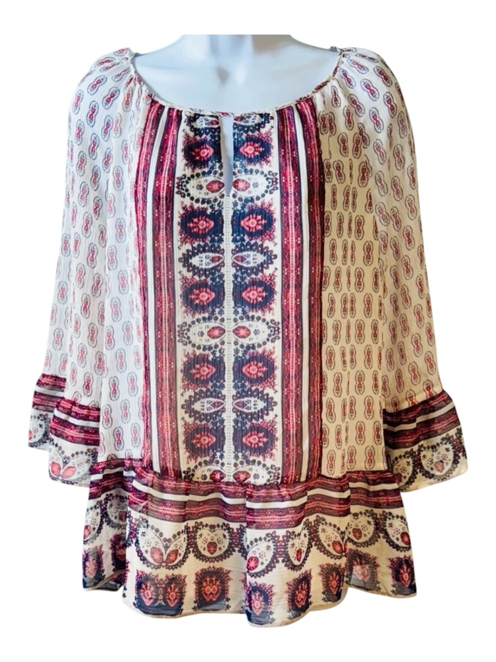 St. John's Bay Sheer Lightweight Lined Ruffle Hem Keyhole Neck Peasant‎ Top Sz M